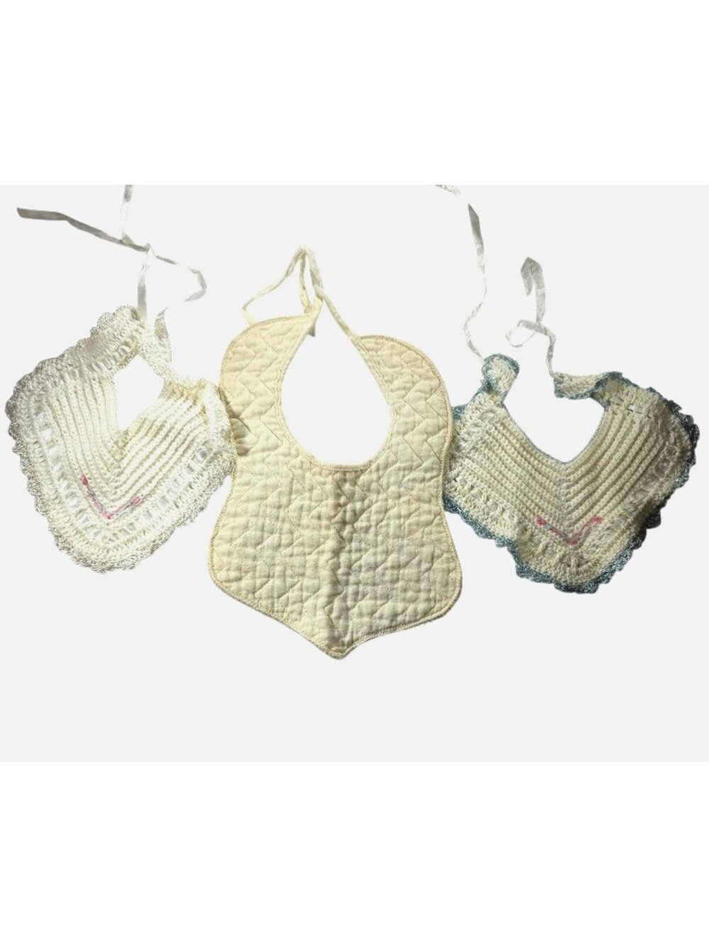 Set Of 3 Vtg Baby Bibs Quilted Crochet Lace Handmade White Pink Blue Accents
